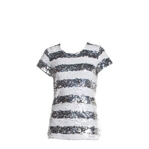 Alice + Olivia XS Sequin Striped Short Sleeve‎ Top Party Sparkly Silver